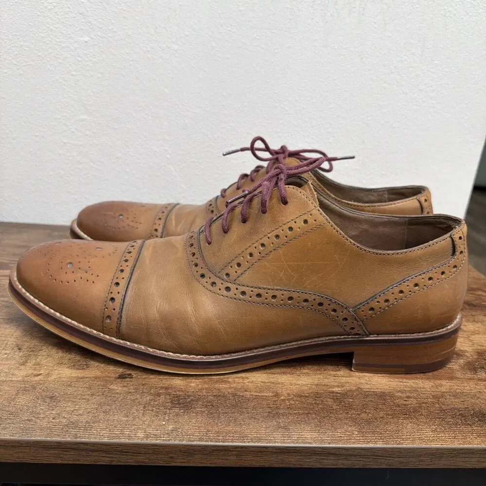 Johnston & Murphy Tan Leather Wingtip Oxfords with Burgundy Laces
